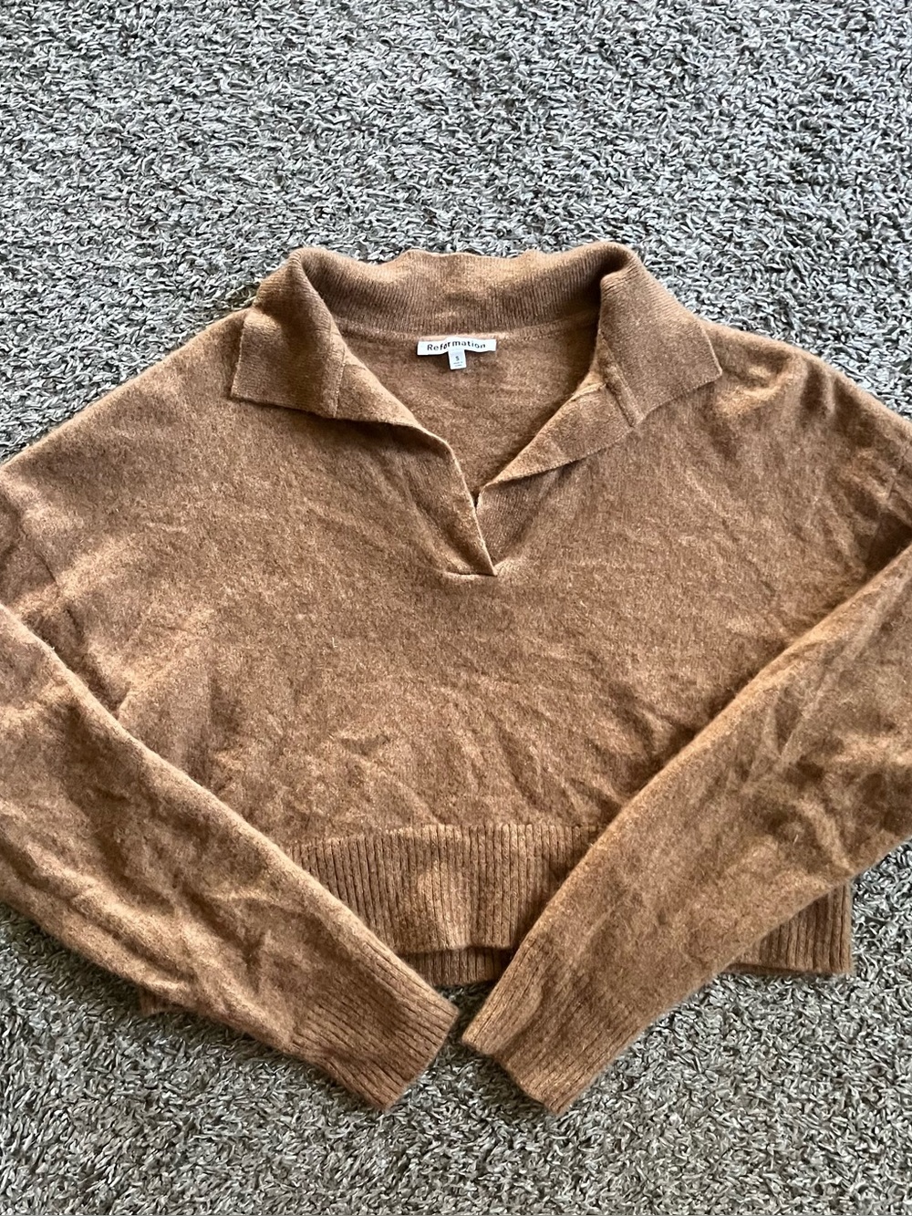 Reformation Cashmere Polo Sweater Cropped Camel Tan Brown Sweater Collar Small